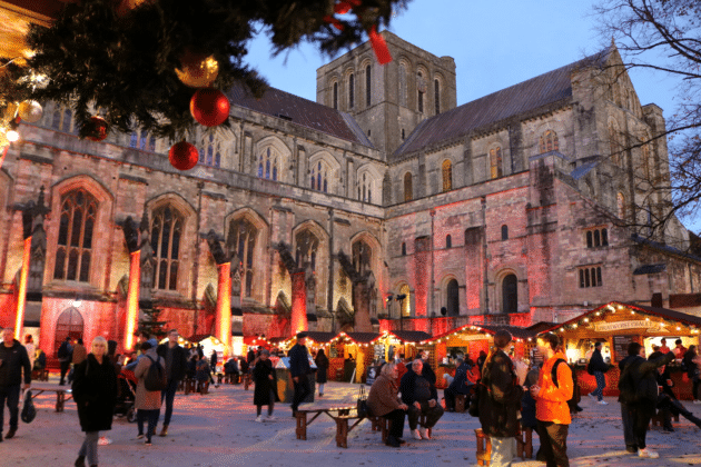 Winchester Christmas Market in front of Winchester Cathedral 2025