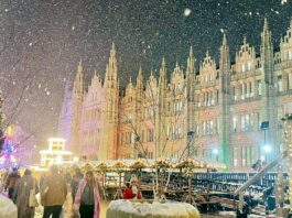 A snowy Aberdeen Christmas Market