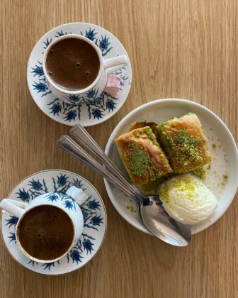 Cups of Turkish coffee and snacks at Pars Kahve in Chester